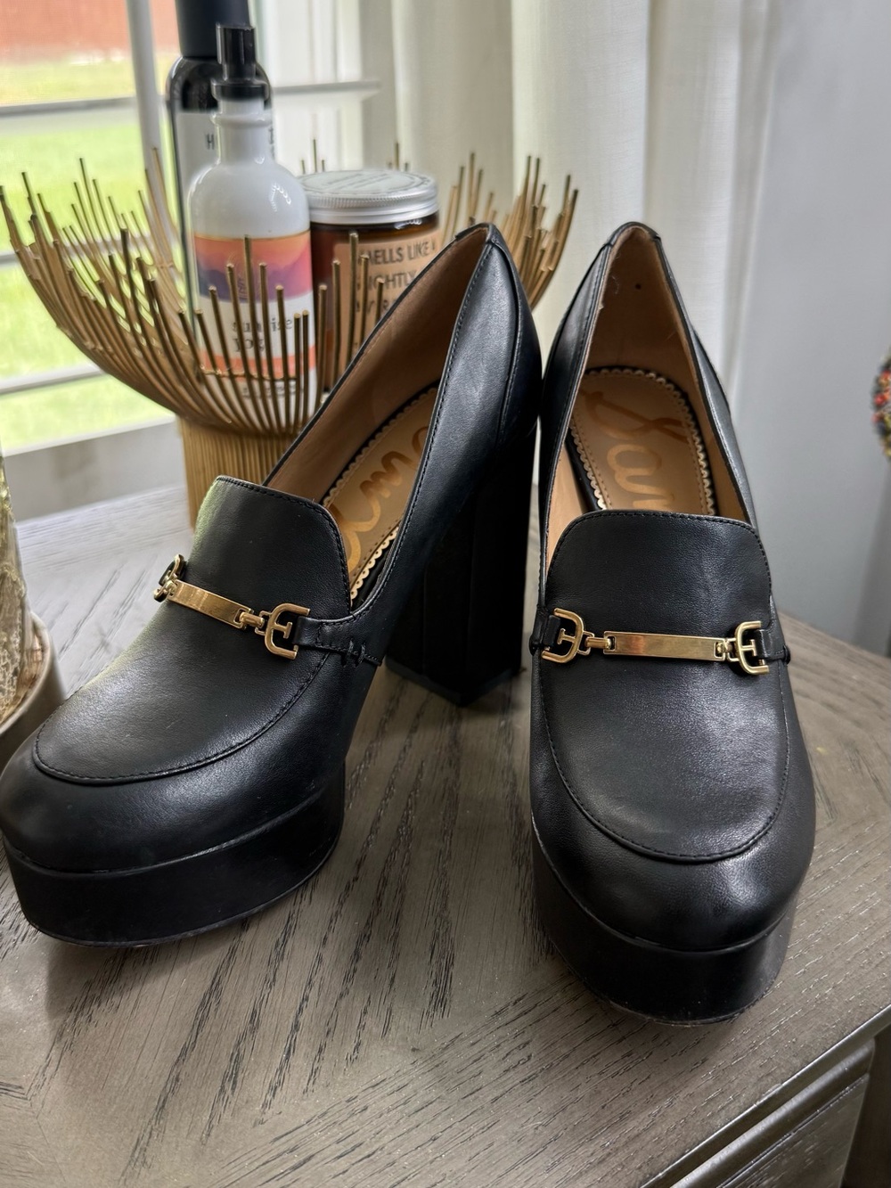 Sam Edelman Black Leather Platform Loafer Heels | Size 6.5 | Gold Hardware